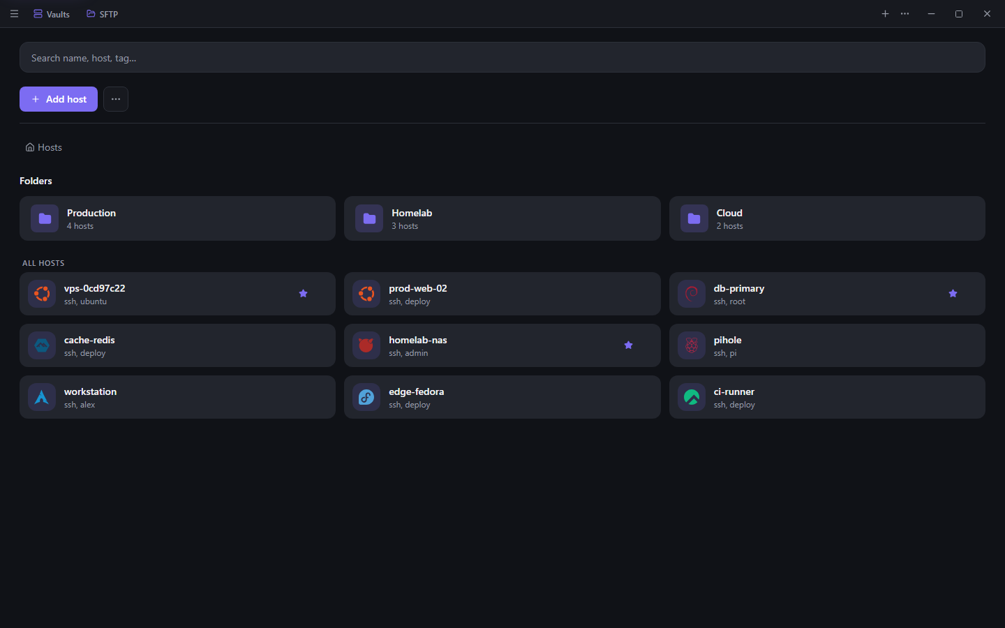 Luma hosts view listing saved SSH connections organised into groups with tags and search.