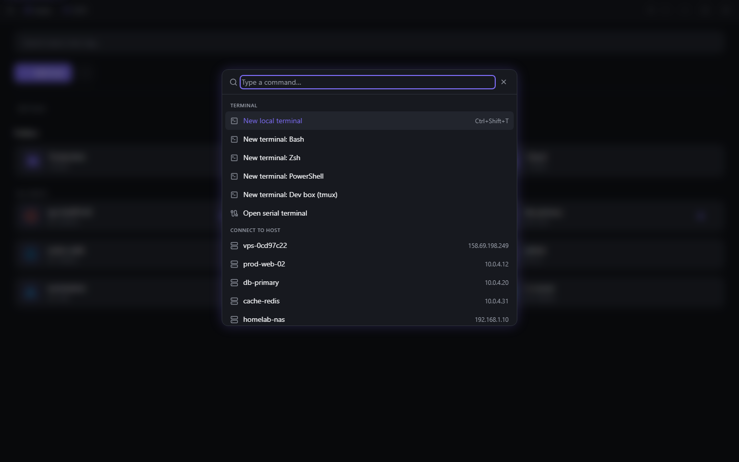 Luma command palette open over the app with a searchable list of quick actions.
