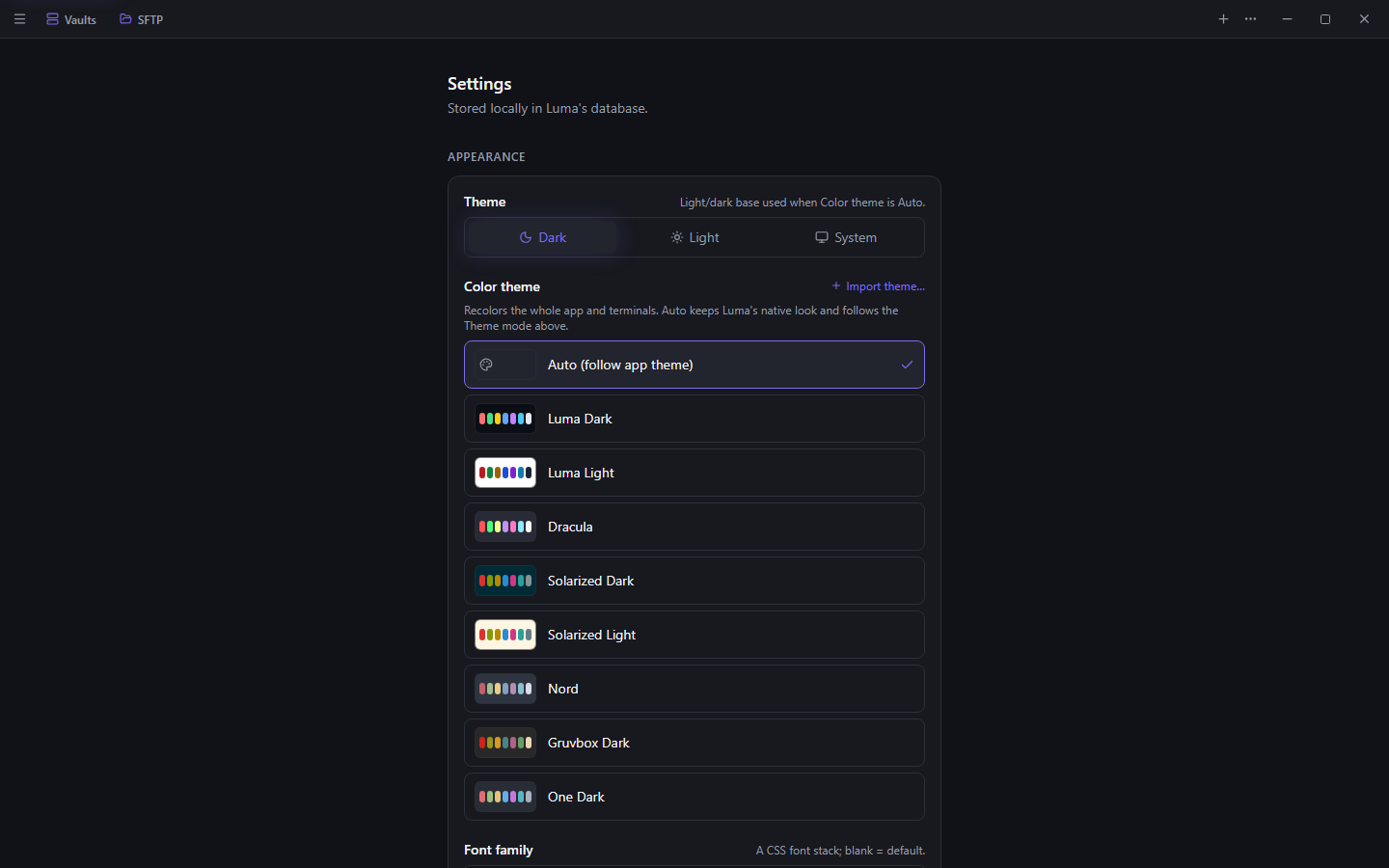 Luma settings view with appearance, terminal, and encrypted sync configuration.