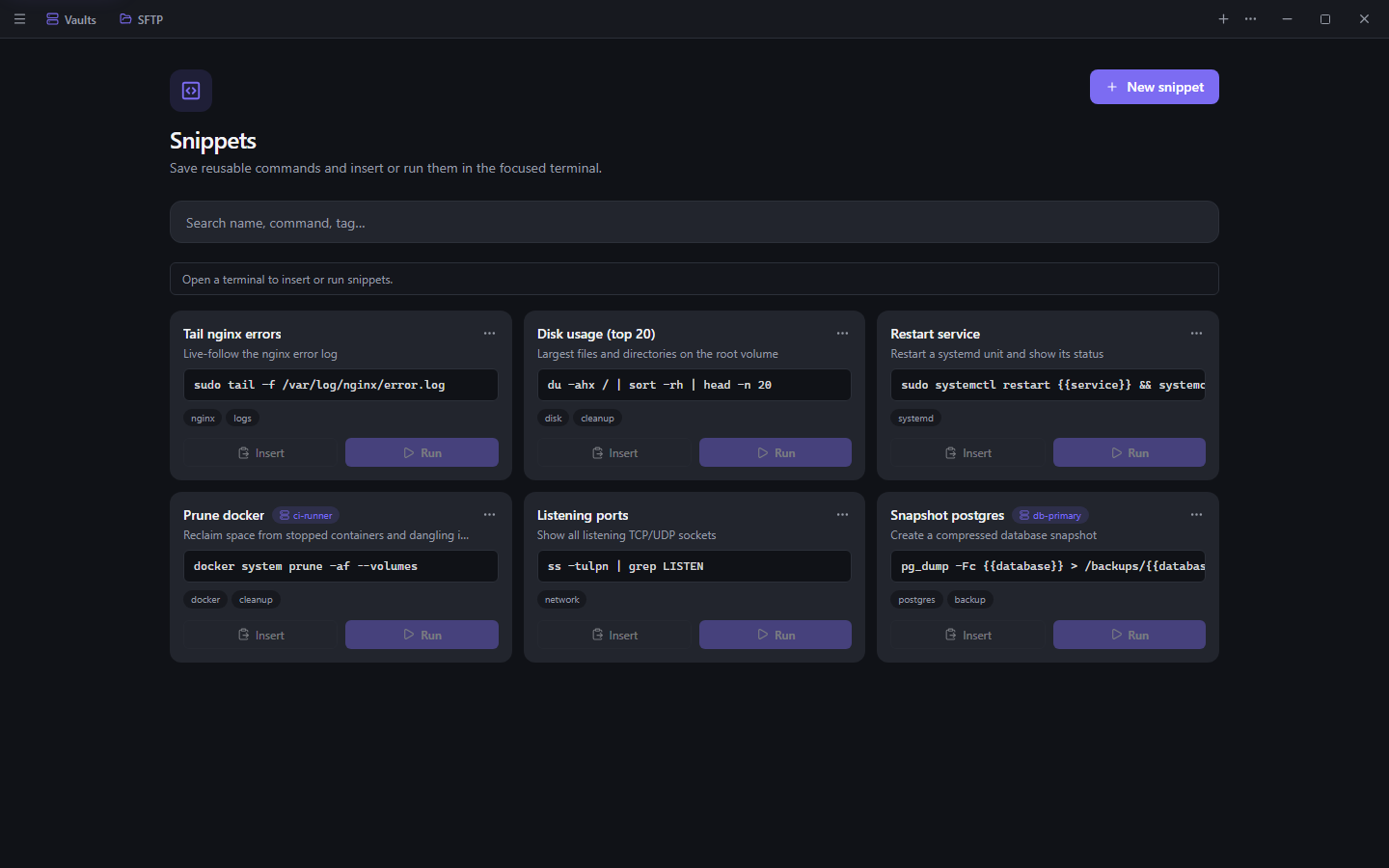 Luma snippets view showing a library of reusable, parameterized commands.